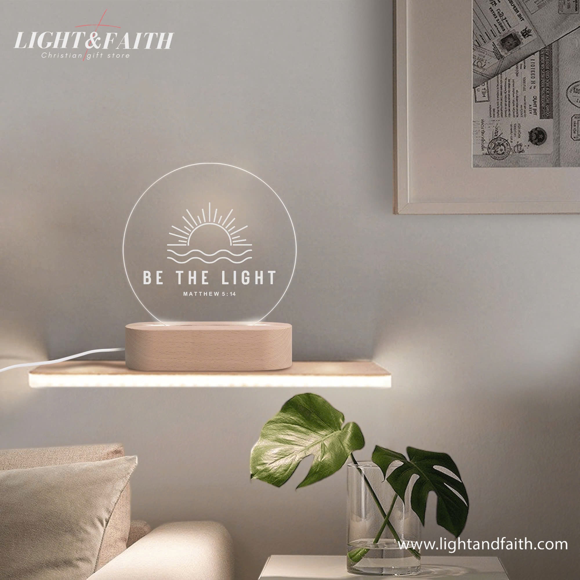 Be The Light Acrylic LED Night Light, Christian Bible Verse Lamp (Matthew 5:14), Faith-Inspired Home Decor with Custom Shape Design Options, Wooden Base, Perfect Religious Gift for Believers. NLLAF01